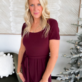 Square Neck Short Sleeve Wine Jumpsuit
