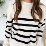 Relaxed Ivory Knit Sweater with Black Stripes