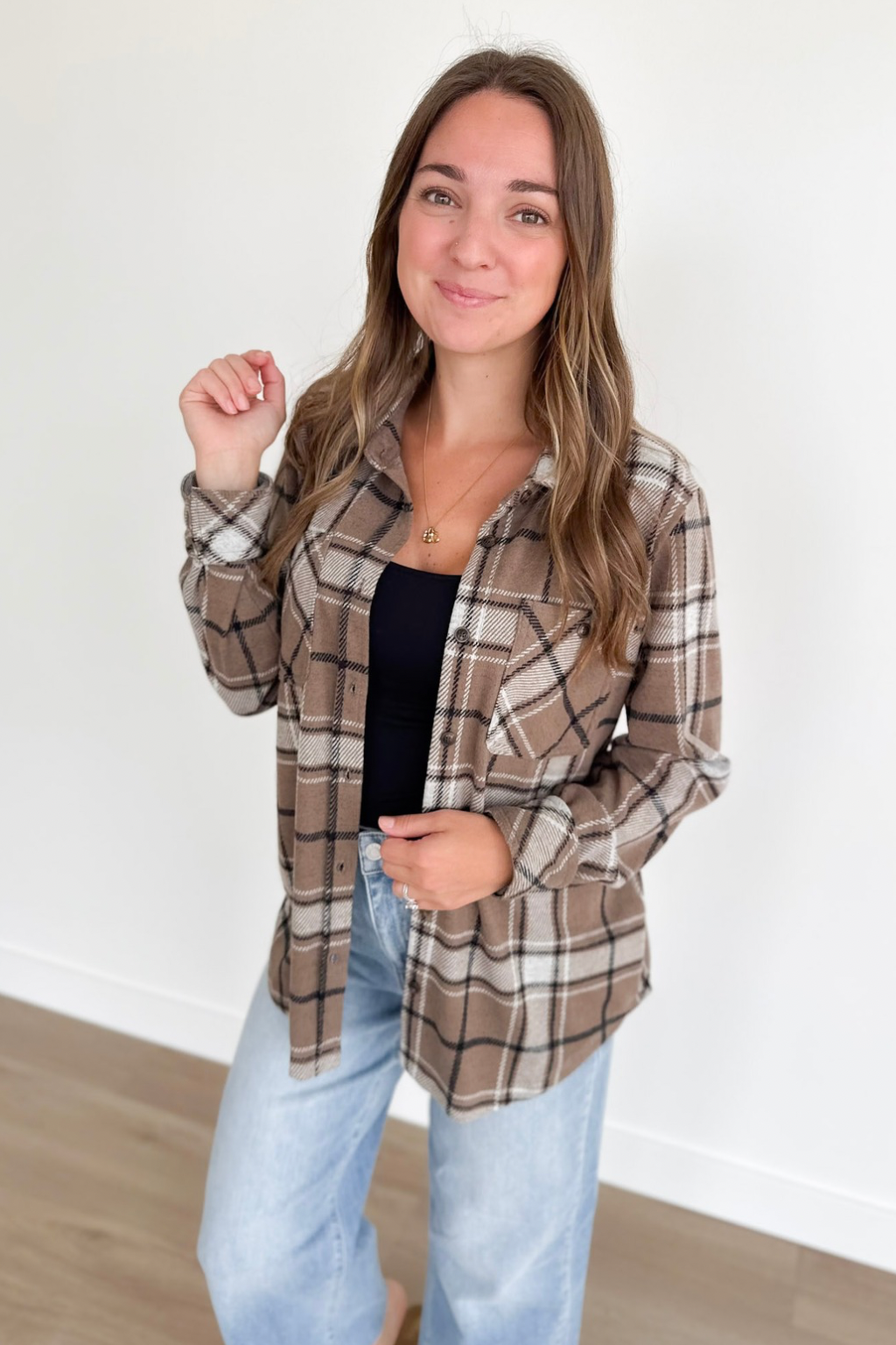 Brown & Grey Plaid Button Up Top