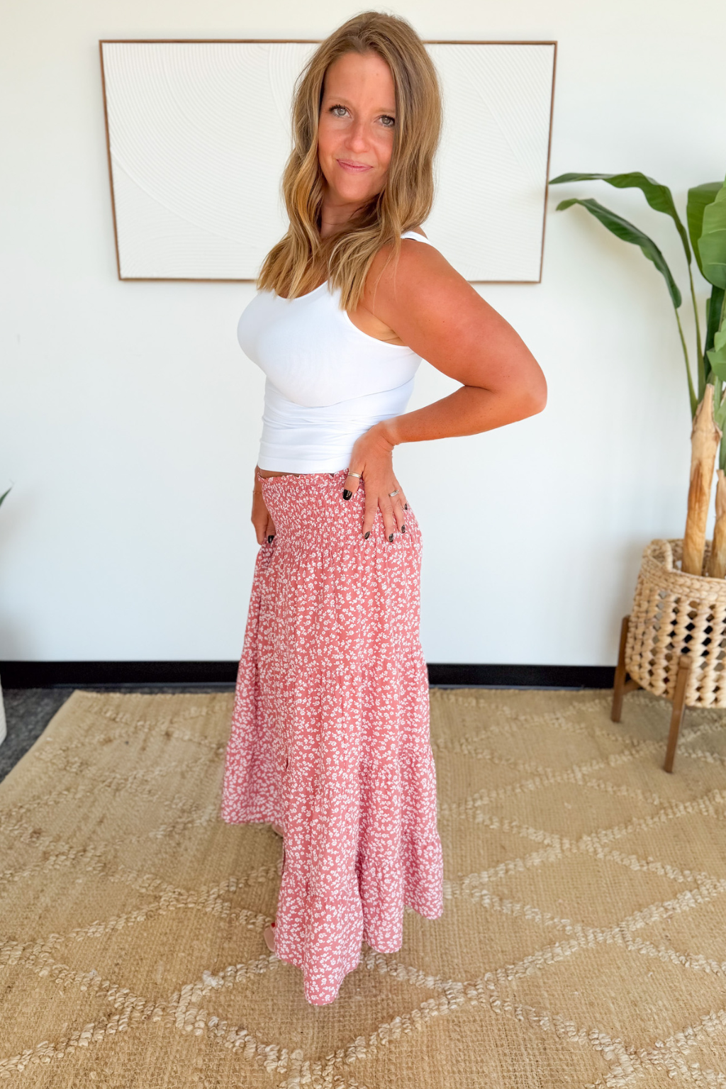 Pink Floral Tiered Midi Skirt
