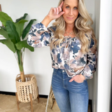 Blue/Taupe Floral Long Sleeve Top