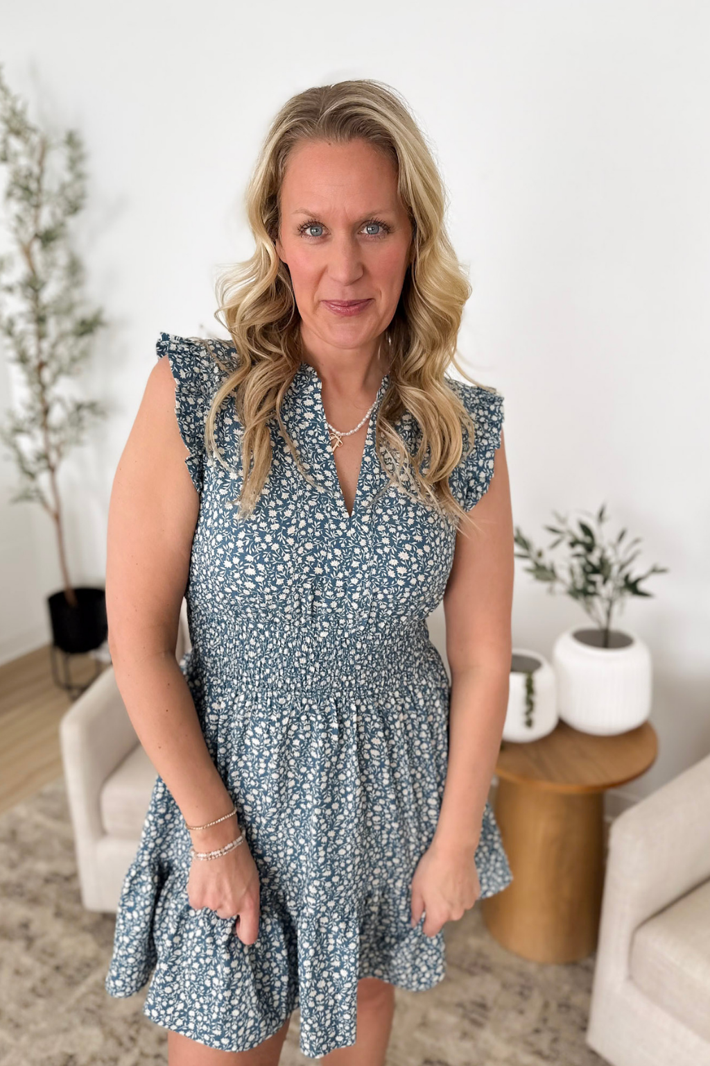 Blue Floral V-Neck Ruffle Mini Dress