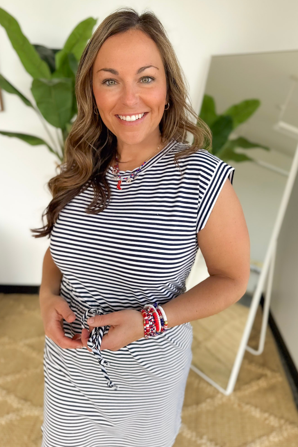 Drawstring Navy Striped Short Sleeve Dress