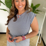 Drawstring Navy Striped Short Sleeve Dress