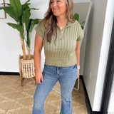 Green Open Knit Collared Short Sleeve Sweater