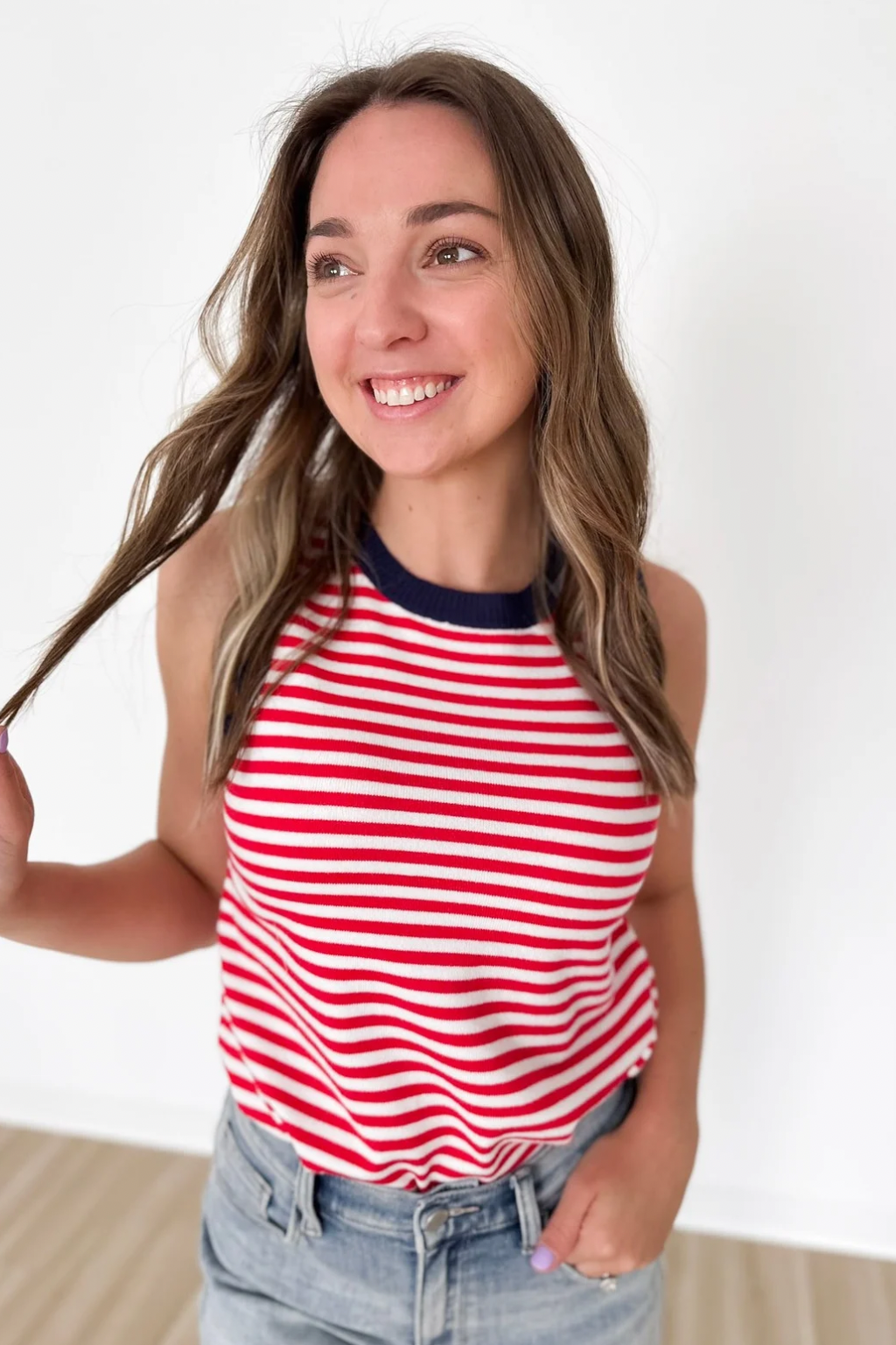 Red/White Striped Blue Contrast Sleeveless Top