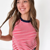 Red/White Striped Blue Contrast Sleeveless Top