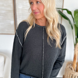 Charcoal Raw Edge Sweater with Contrast Stitching