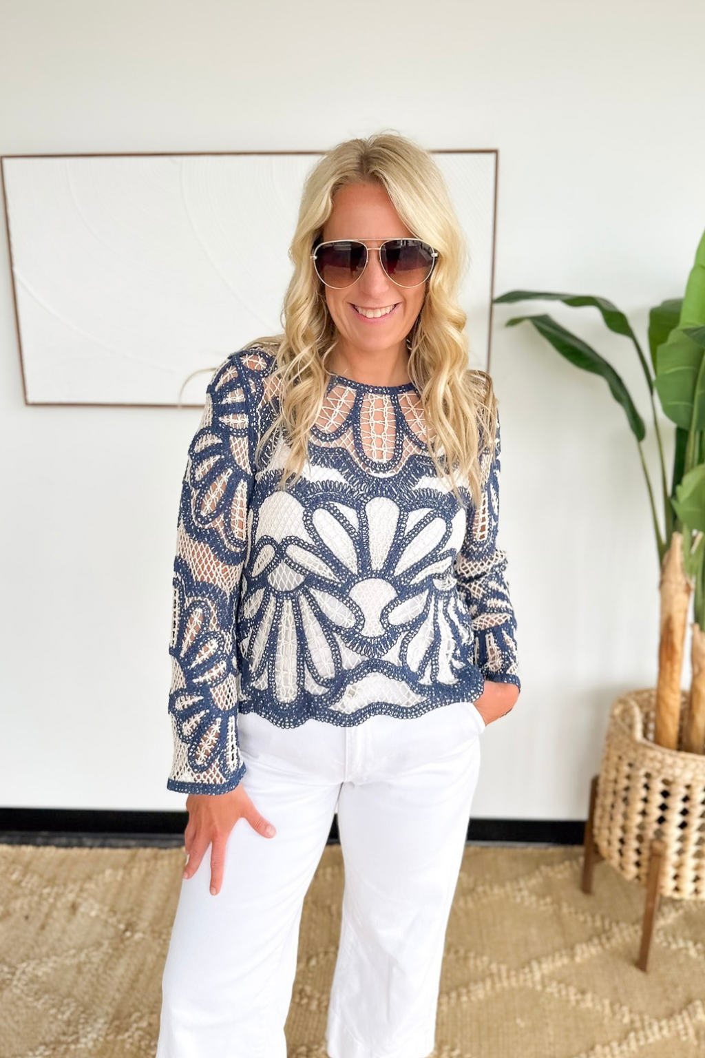 Blue Crochet Floral Pattern Top