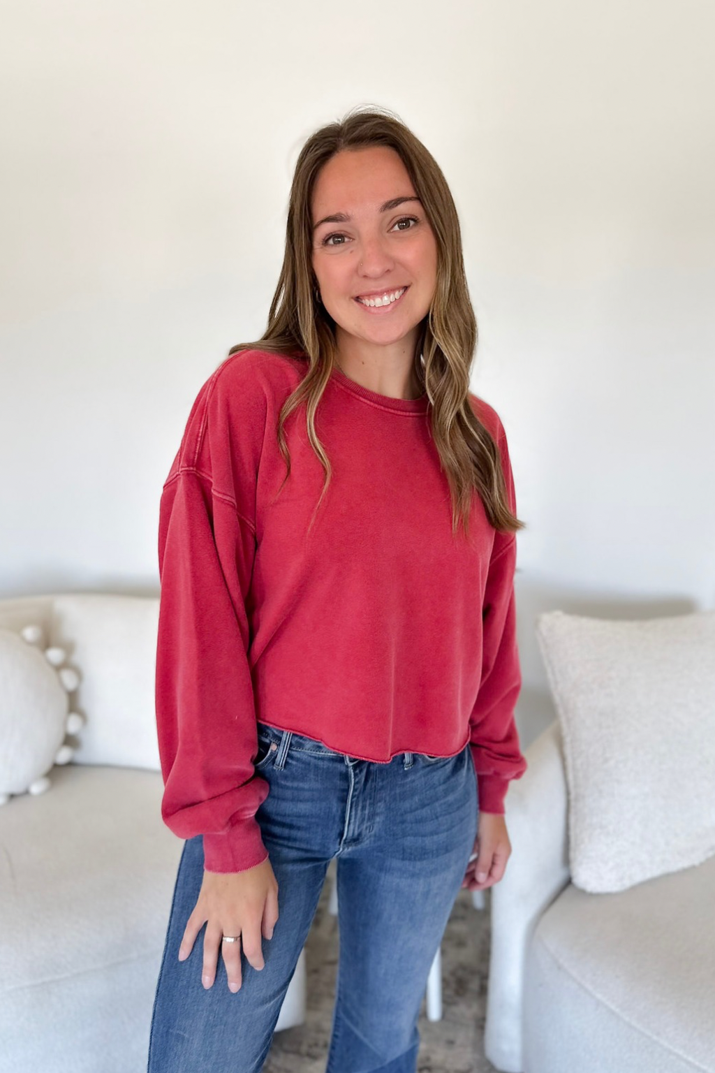 Dark Red Raw Hem Cropped Pullover
