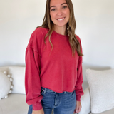 Dark Red Raw Hem Cropped Pullover