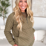 Alice 3/4 Zip Olive Quilted Pullover