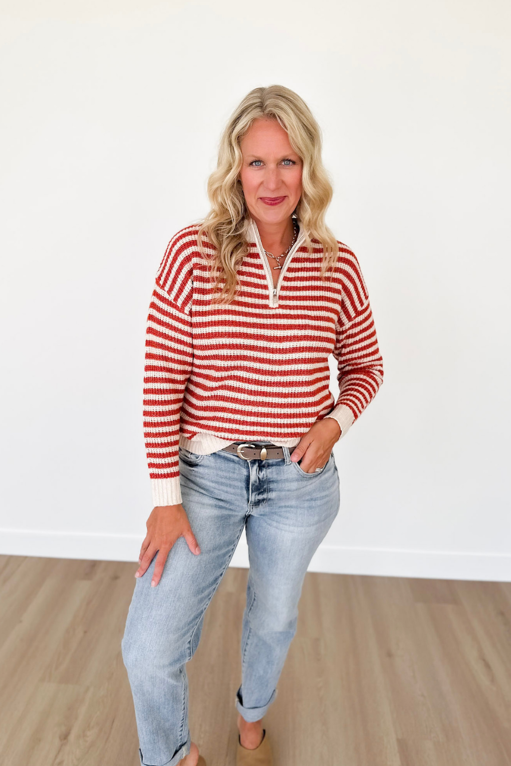 Rust 1/2 Zip Mock Neck Striped Pullover