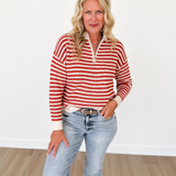 Rust 1/2 Zip Mock Neck Striped Pullover