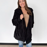 Black Fuzzy Hooded Cardigan-One Size
