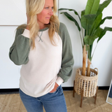 Green Waffle Color Block Raglan Sleeve Top