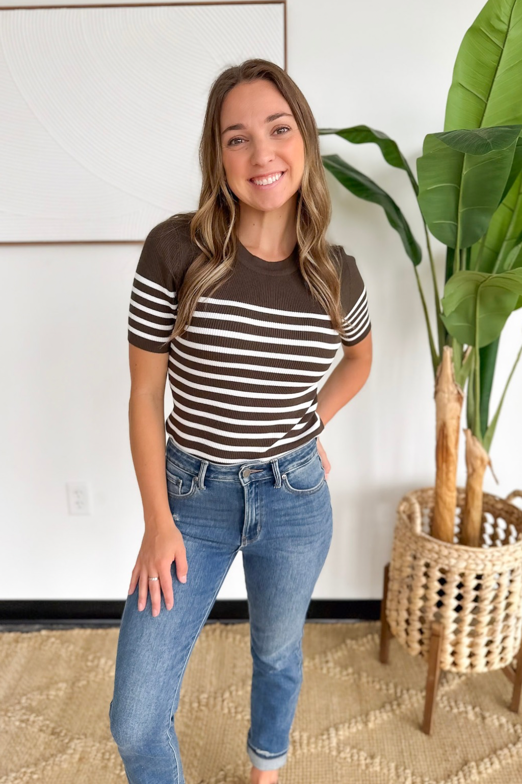 Olive Ribbed Short Sleeve White Striped Top