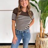 Olive Ribbed Short Sleeve White Striped Top
