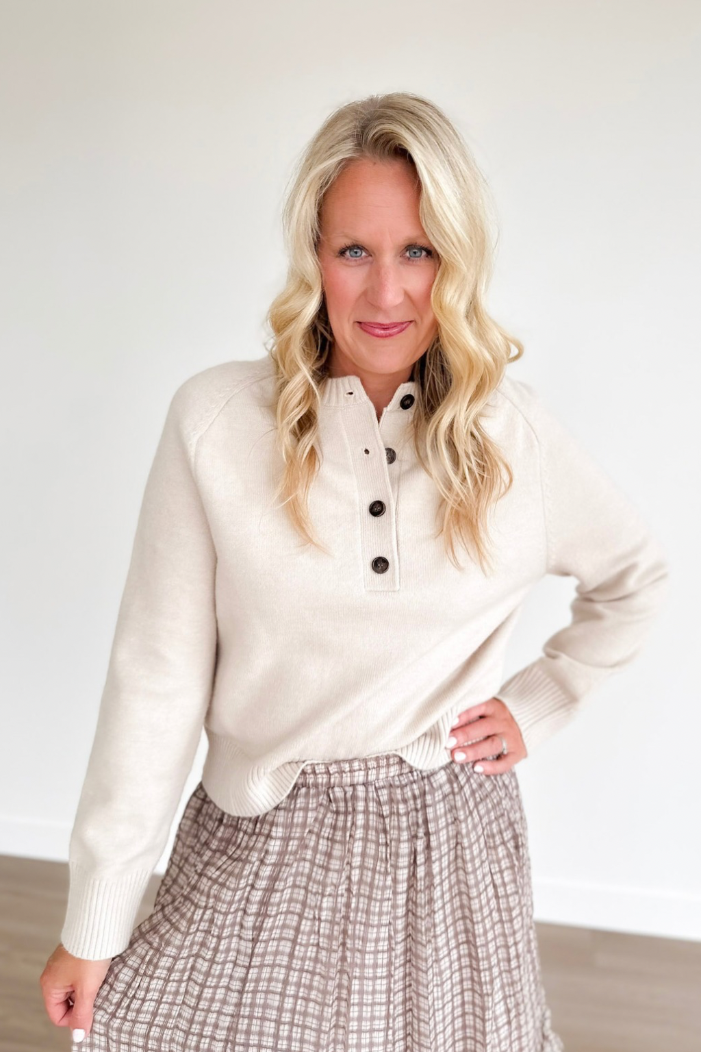 Beige 1/2 Button Long Sleeve Sweater