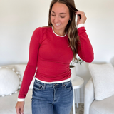 Dark Red Long Sleeve White Trim Top