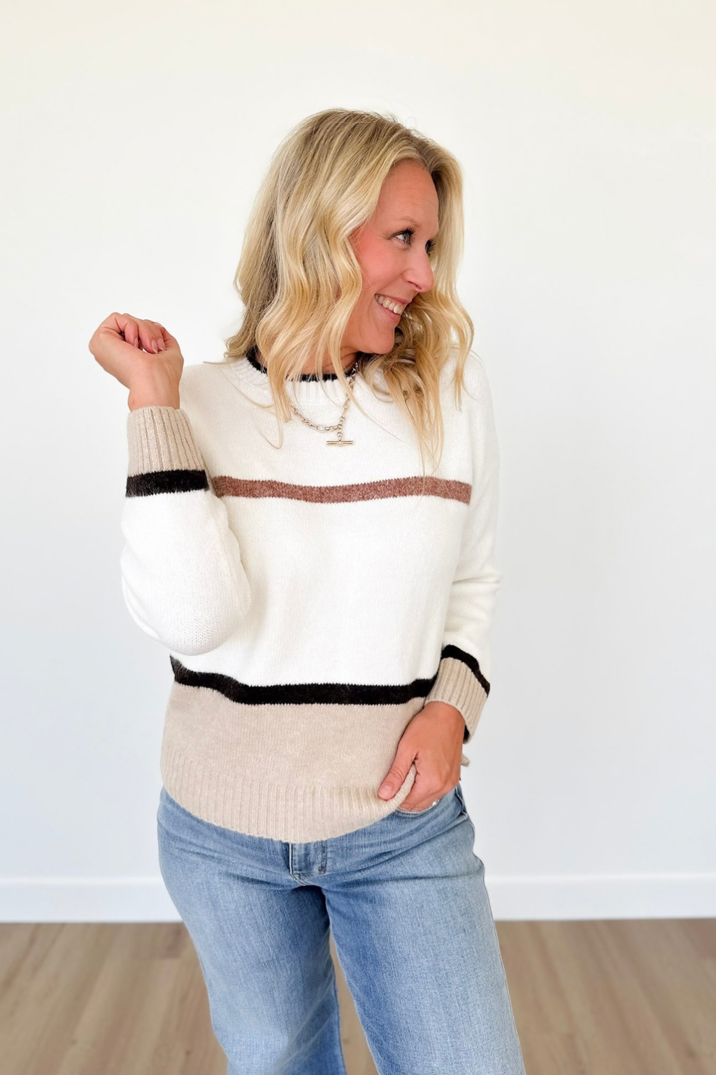 Ivory Soft Knit Tan Striped Sweater