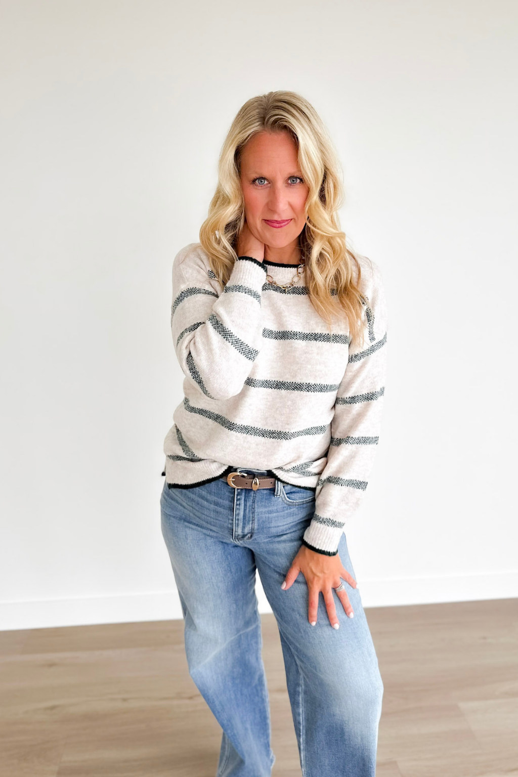 Green Long Sleeve Striped Pullover