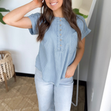Chambray Vertical Striped Short Sleeve Top
