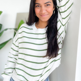 Heather White/Green Striped Sweater