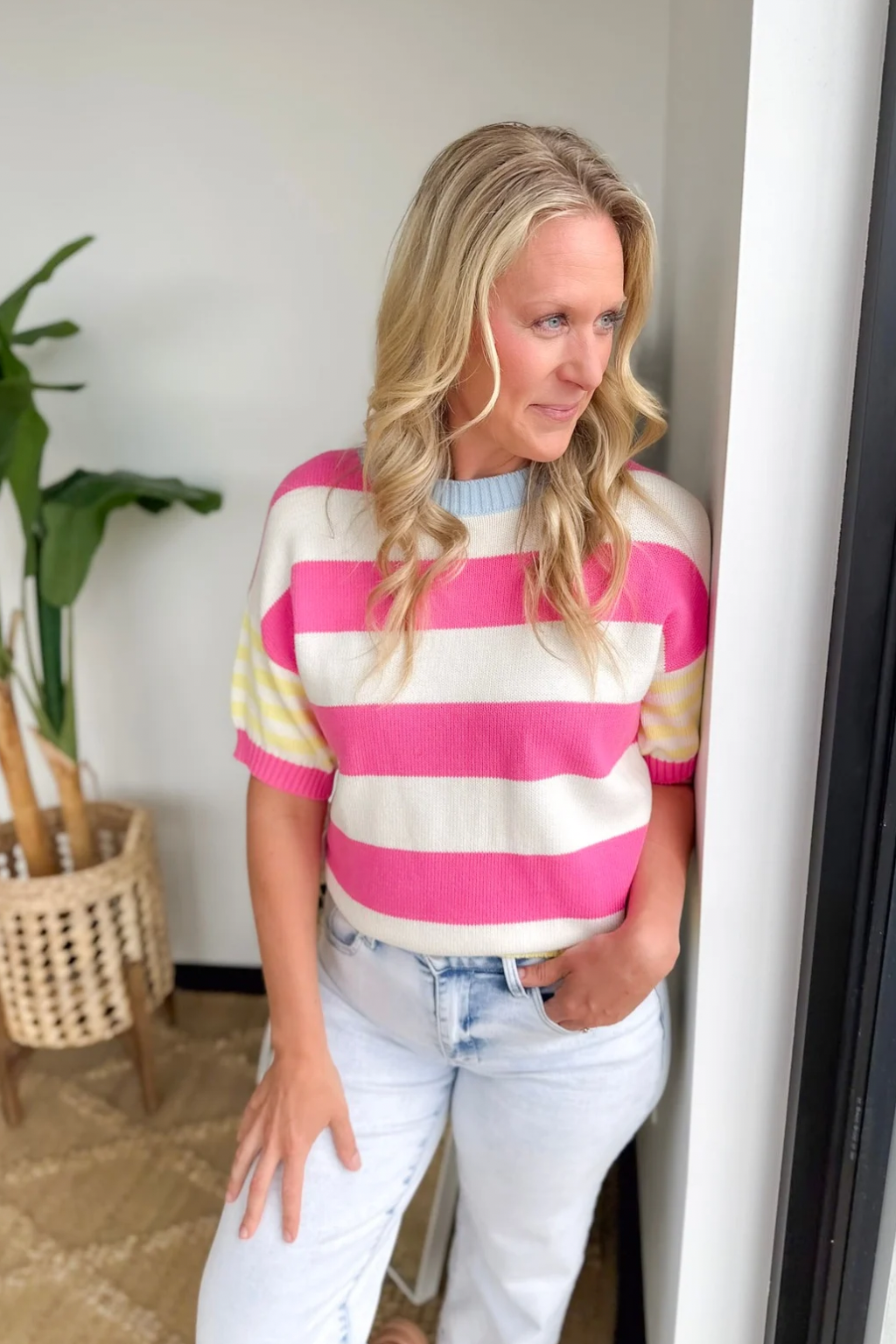 Multi Striped Knit Short Sleeve Sweater