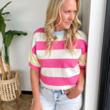 Multi Striped Knit Short Sleeve Sweater