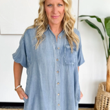 Light Washed Denim Dolman Sleeve Mini Dress
