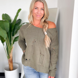 Riley Olive Distress Knit Sweater