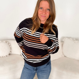 Black Multi Striped Boat Neck Top