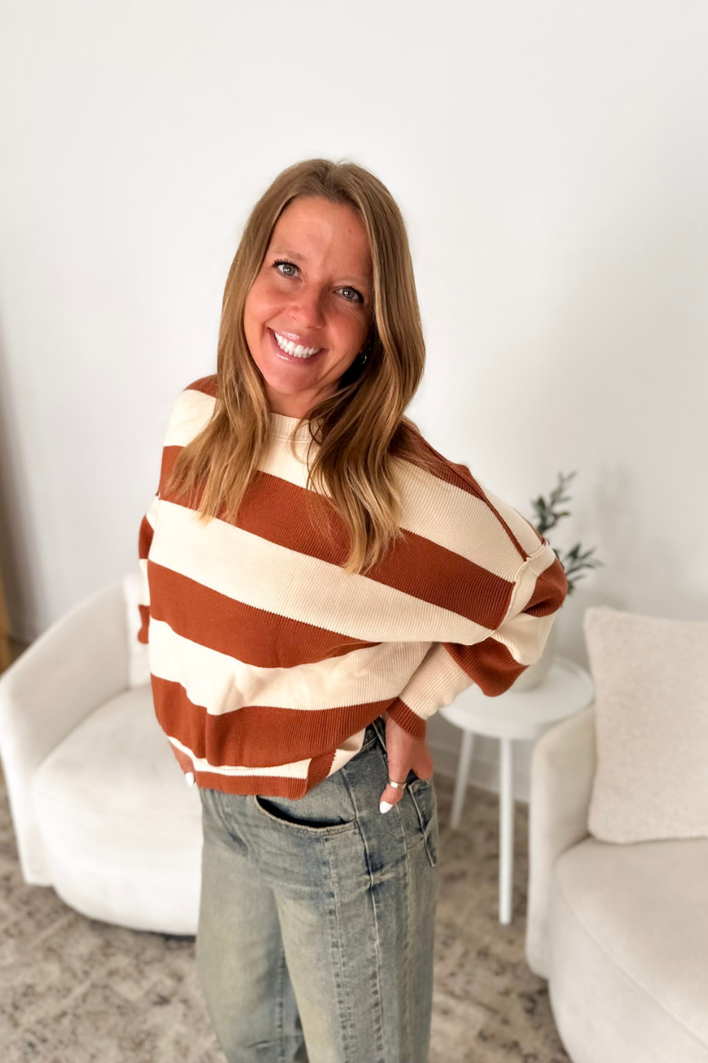 Rust & Cream Striped Knit Sweater
