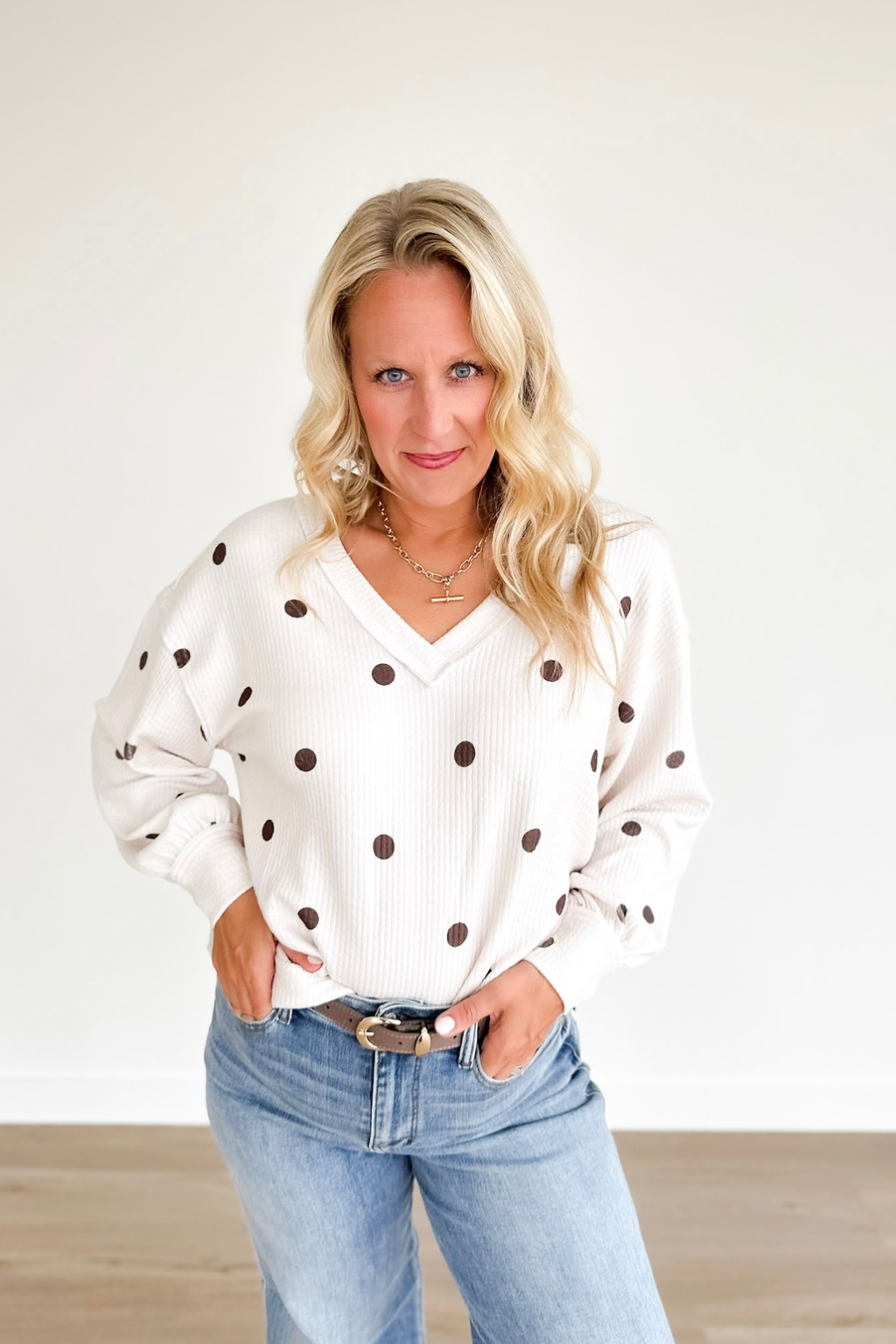 Cream Textured Brown Polka Dot Top