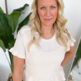 Natural Pointelle Knit Ruffle Sweater Top