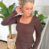 Double Lined Square Neck Brown Long Sleeve Top