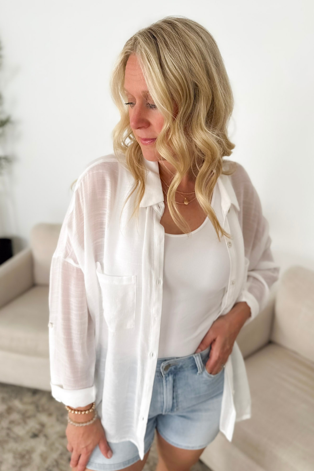 White Woven Collared Button Up Top