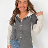 Cream Contrast Grey Button Hooded Shacket