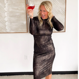 Mock Neck Black/Gold Midi Dress with Liner