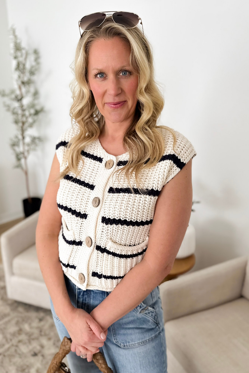 Cream/Navy Striped Sweater Vest