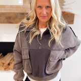 Contrast Sherpa Quarter Zip Pullover-Charcoal