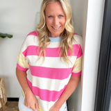 Multi Striped Knit Short Sleeve Sweater