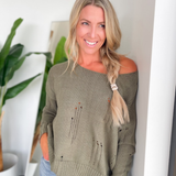 Riley Olive Distress Knit Sweater