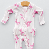 Pretty Pink Bow Ruffle 2 Way Zip Footie
