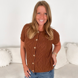 Brown Cable Knit Button Short Sleeve Top
