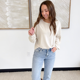 Cream Relaxed Lightweight Pleated Cuff Top