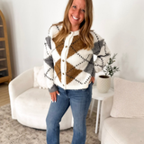 Ivory, Camel & Grey Patterned Knit Button Cardigan