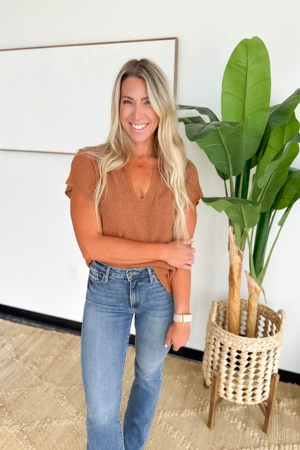 Relaxed Fit V-Neck Short Sleeve Knit Top-Copper