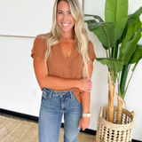 Relaxed Fit V-Neck Short Sleeve Knit Top-Copper
